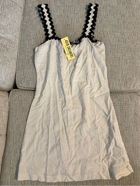 4our Dreamers Cream Linen Mini Dress with Black Rickrack Trim